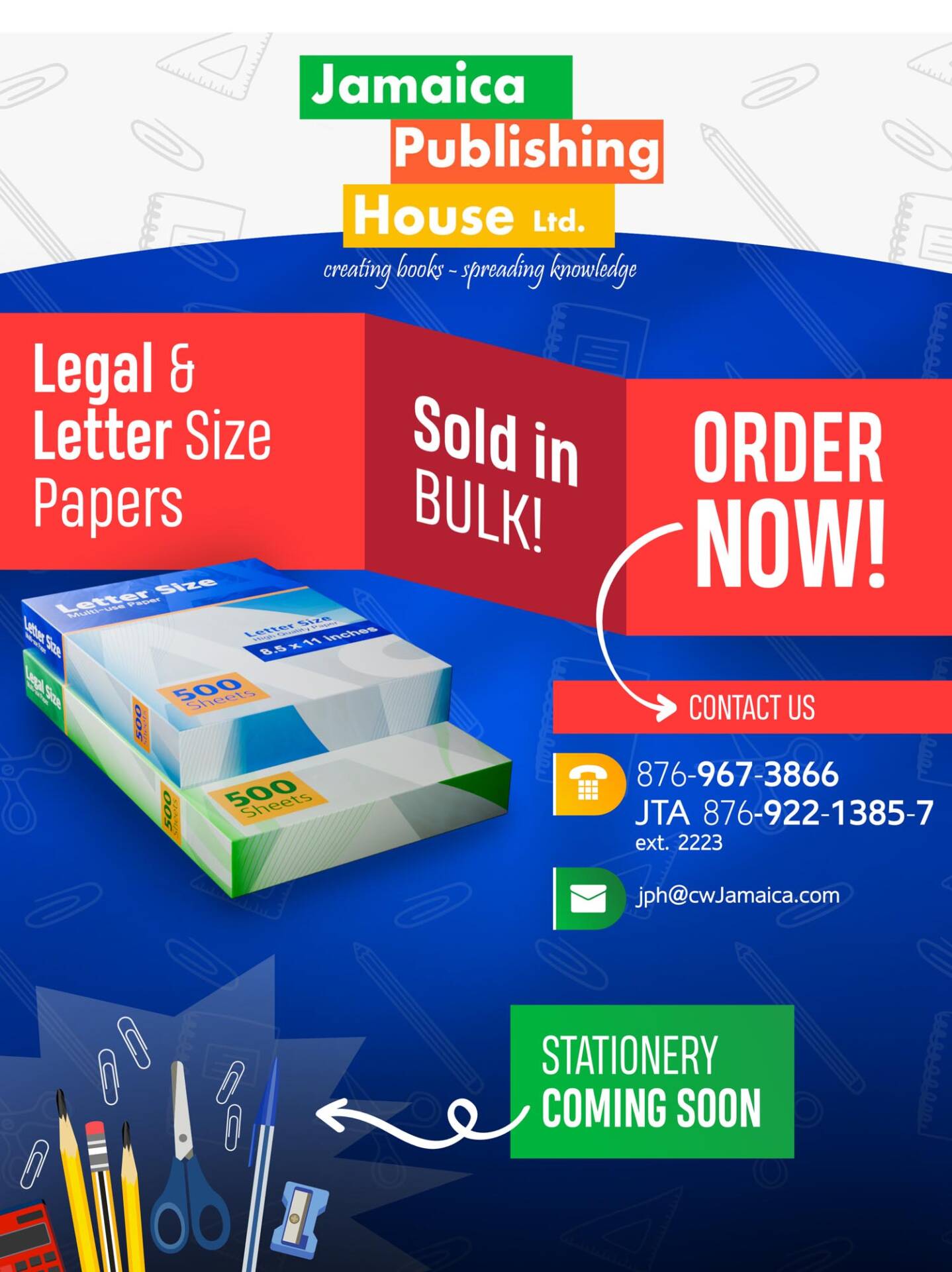 Jamaica Publishing House has Paper for Sale!!! Letter and Legal Sizes available.